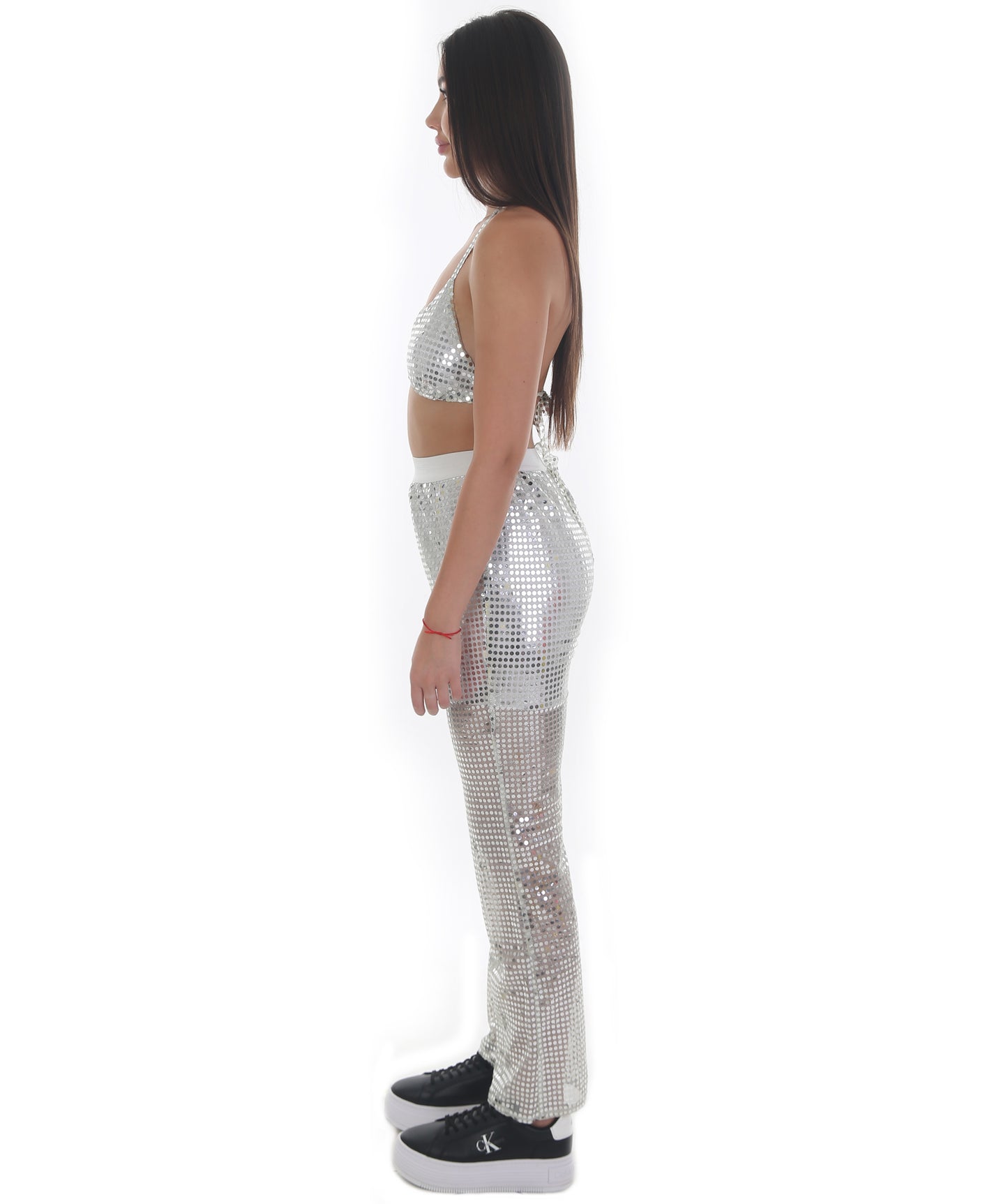 HPO Pryzm Femme Disco Babe Costume - Includes Silver Sequin Bralette and Wide Leg Pants