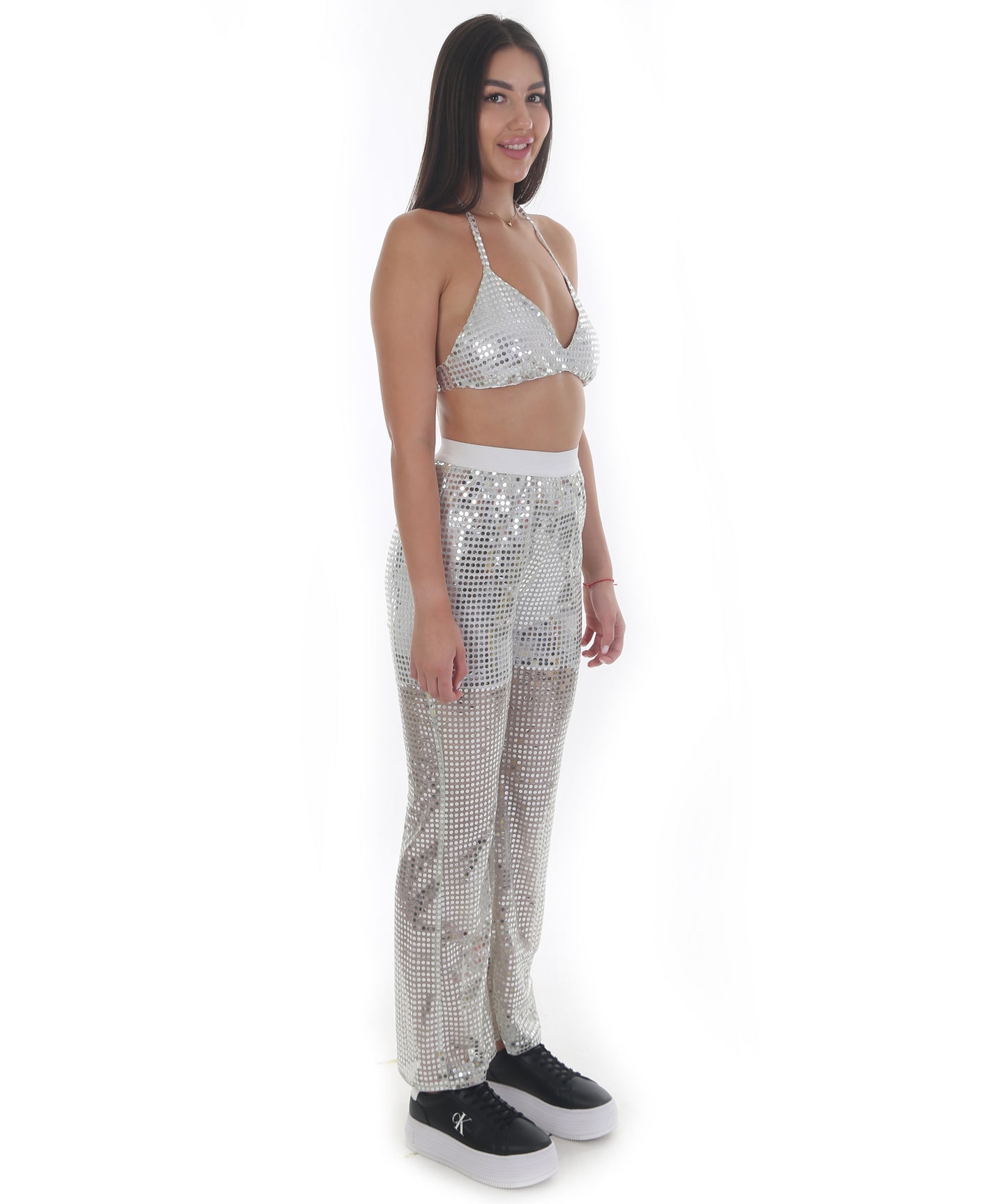 HPO Pryzm Femme Disco Babe Costume - Includes Silver Sequin Bralette and Wide Leg Pants