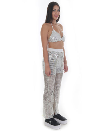 HPO Pryzm Femme Disco Babe Costume - Includes Silver Sequin Bralette and Wide Leg Pants