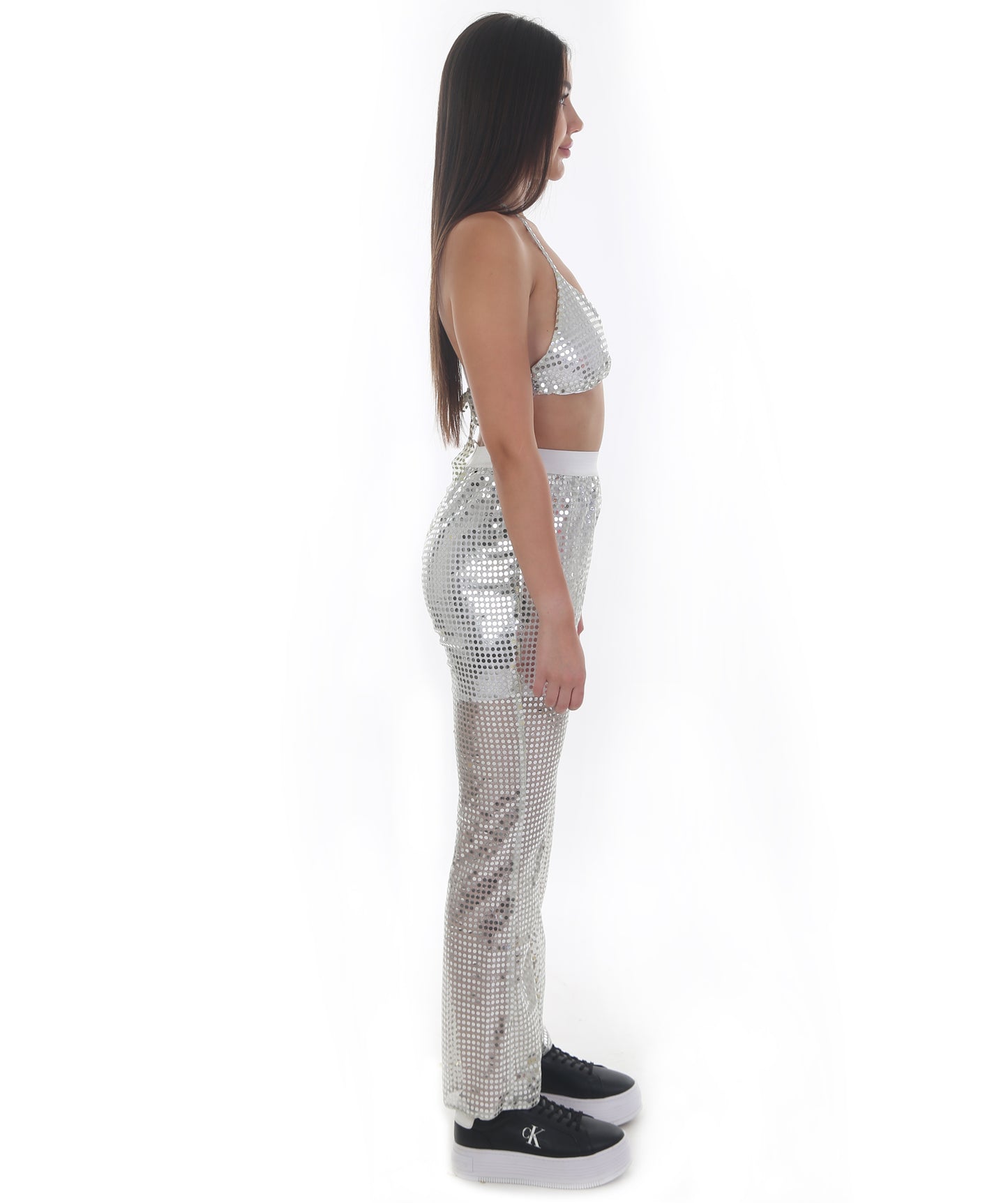 HPO Pryzm Femme Disco Babe Costume - Includes Silver Sequin Bralette and Wide Leg Pants