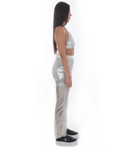 HPO Pryzm Femme Disco Babe Costume - Includes Silver Sequin Bralette and Wide Leg Pants