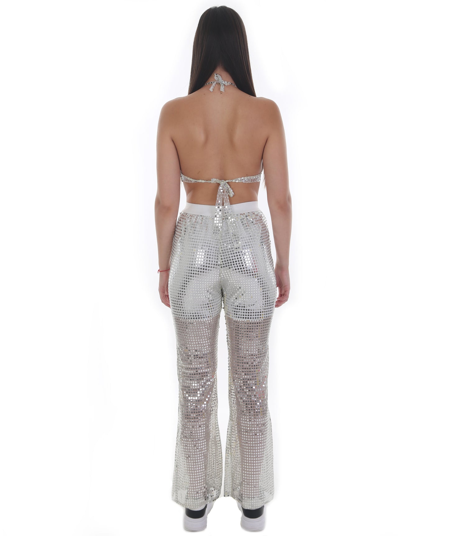 HPO Pryzm Femme Disco Babe Costume - Includes Silver Sequin Bralette and Wide Leg Pants