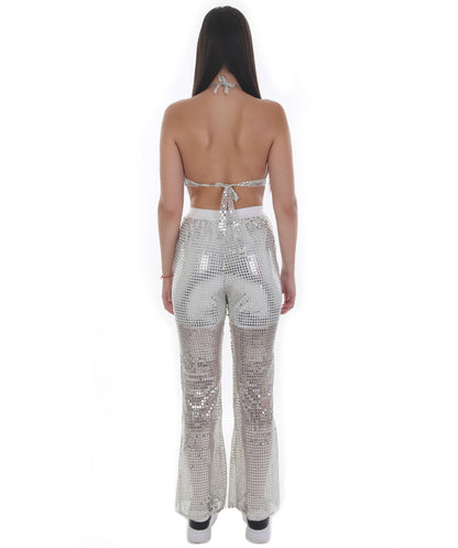 HPO Pryzm Femme Disco Babe Costume - Includes Silver Sequin Bralette and Wide Leg Pants