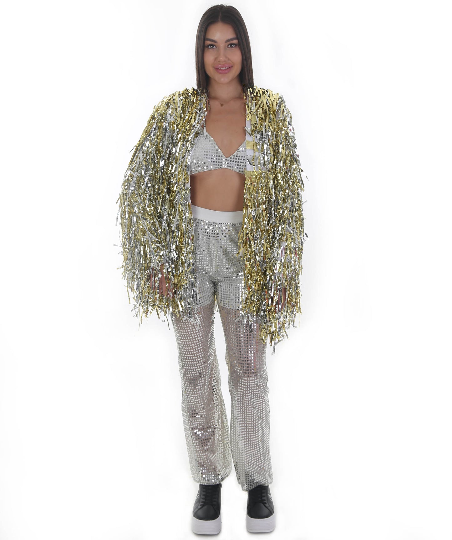 Pryzm Femme Disco Ball Babe - Includes Silver Sequin Bralette, Wide Leg Pants, Gold Tinsel Jacke