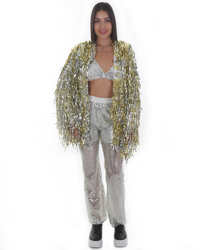 Pryzm Femme Disco Ball Babe - Includes Silver Sequin Bralette, Wide Leg Pants, Gold Tinsel Jacke