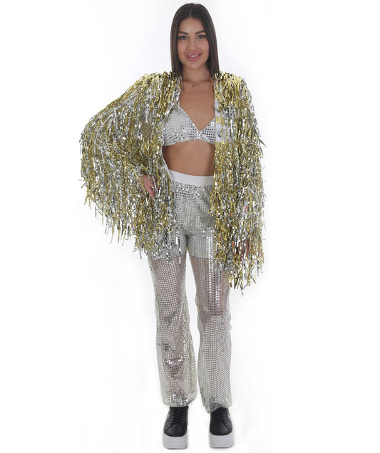 Pryzm Femme Disco Ball Babe - Includes Silver Sequin Bralette, Wide Leg Pants, Gold Tinsel Jacke