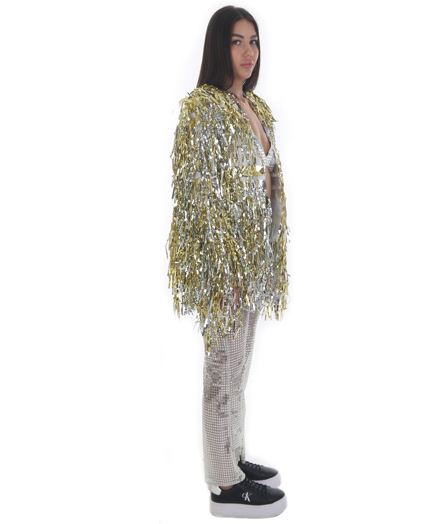 Pryzm Femme Disco Ball Babe - Includes Silver Sequin Bralette, Wide Leg Pants, Gold Tinsel Jacke