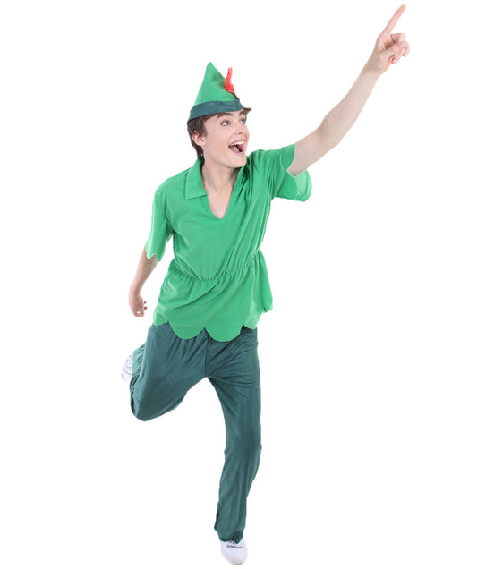 Lost Boy King | Green Felt Tunic, Pants, and Hat with Feather | Premiium Halloween Costume