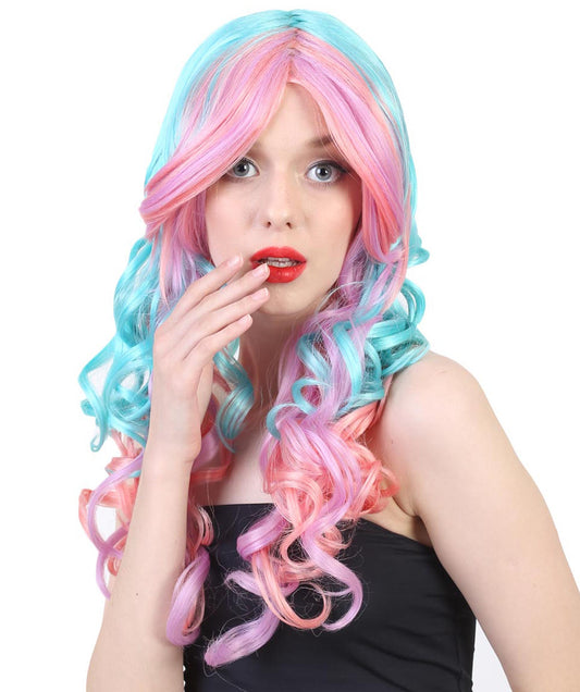 HPO Womens Fantasy Wig | Pink Sky Blue Long Curly Party Every Ready Wig | Premium Breathable Capless Cap