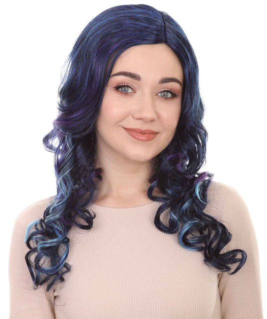 HPO Womens Dark Blue Wavy Wig | Party Event Ready Fancy Halloween Wig | Premium Breathable Capless Cap