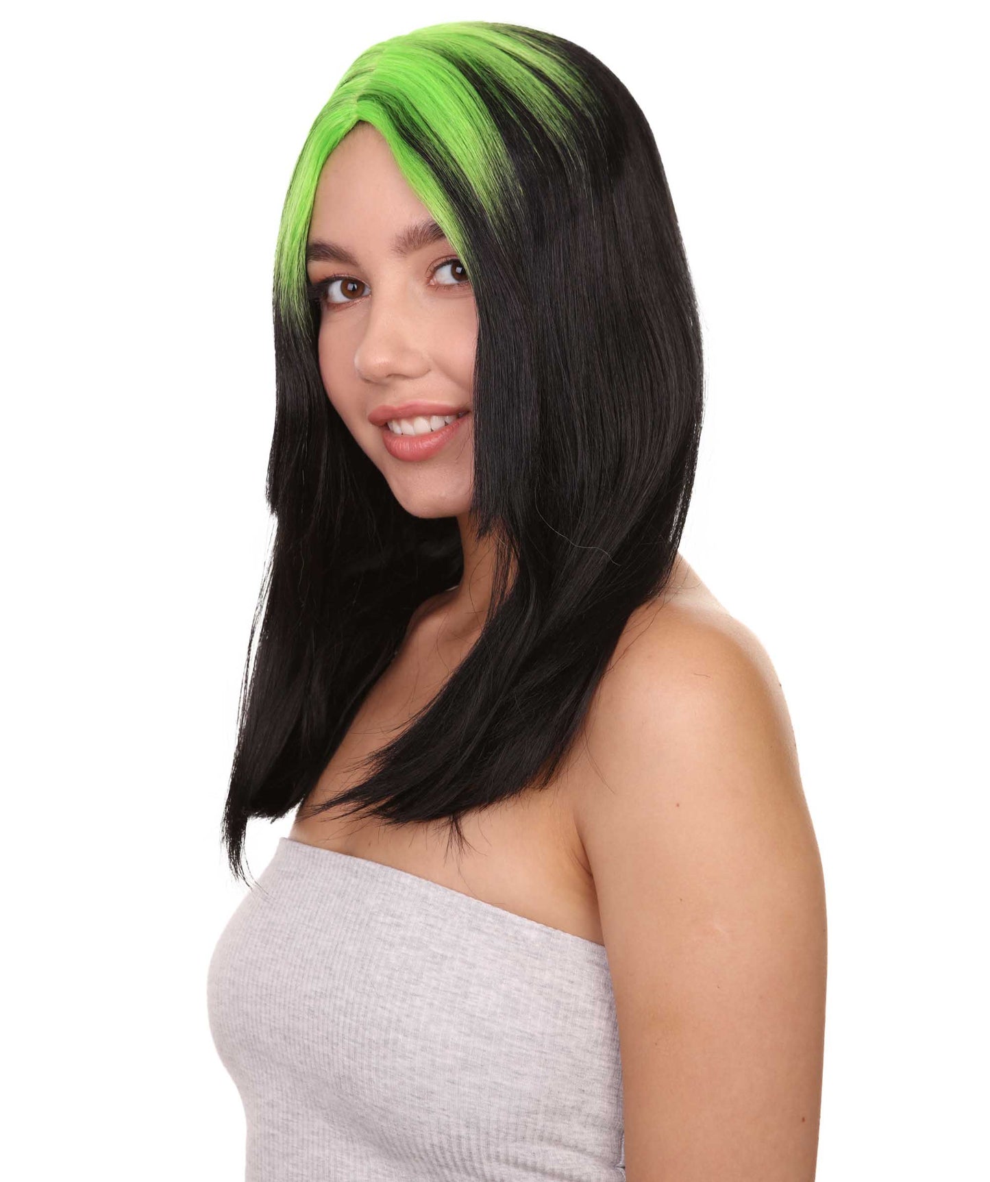 Billie Pop 80's Mullet | Black Wig with Neon Green Roots and Choppy Bangs | Premium Halloween Wig