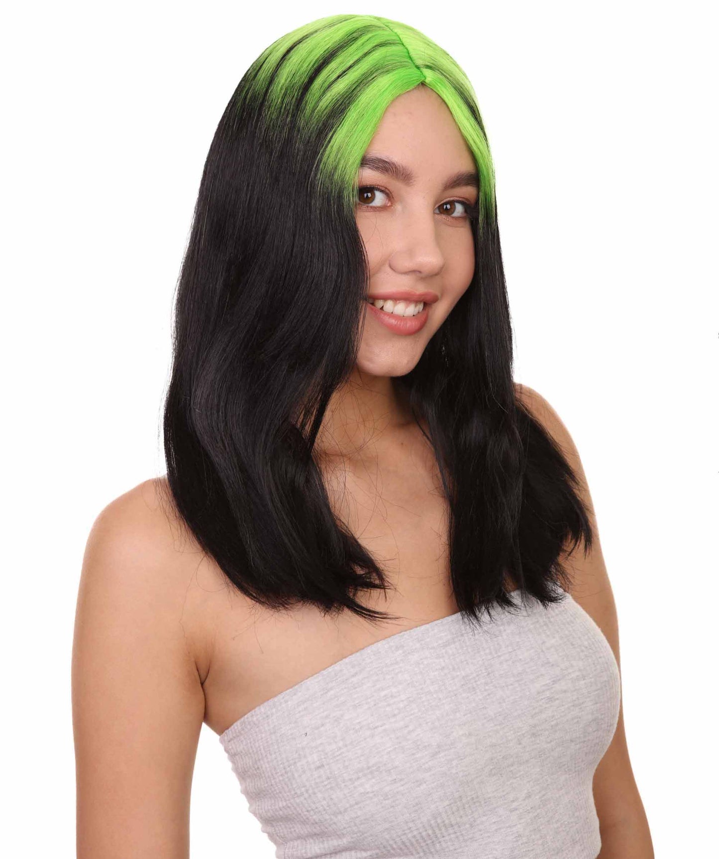 Billie Pop 80's Mullet | Black Wig with Neon Green Roots and Choppy Bangs | Premium Halloween Wig