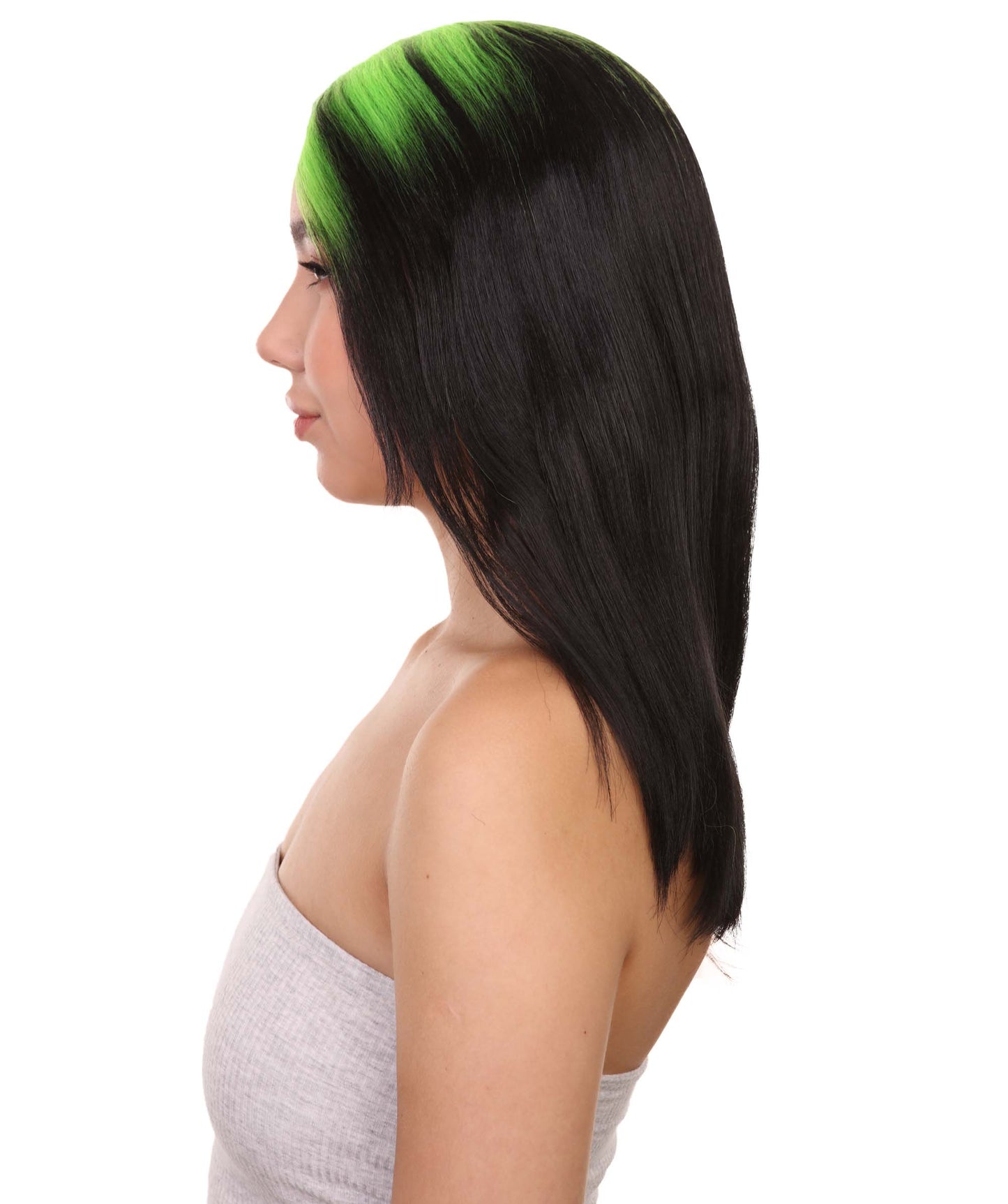 Billie Pop 80's Mullet | Black Wig with Neon Green Roots and Choppy Bangs | Premium Halloween Wig
