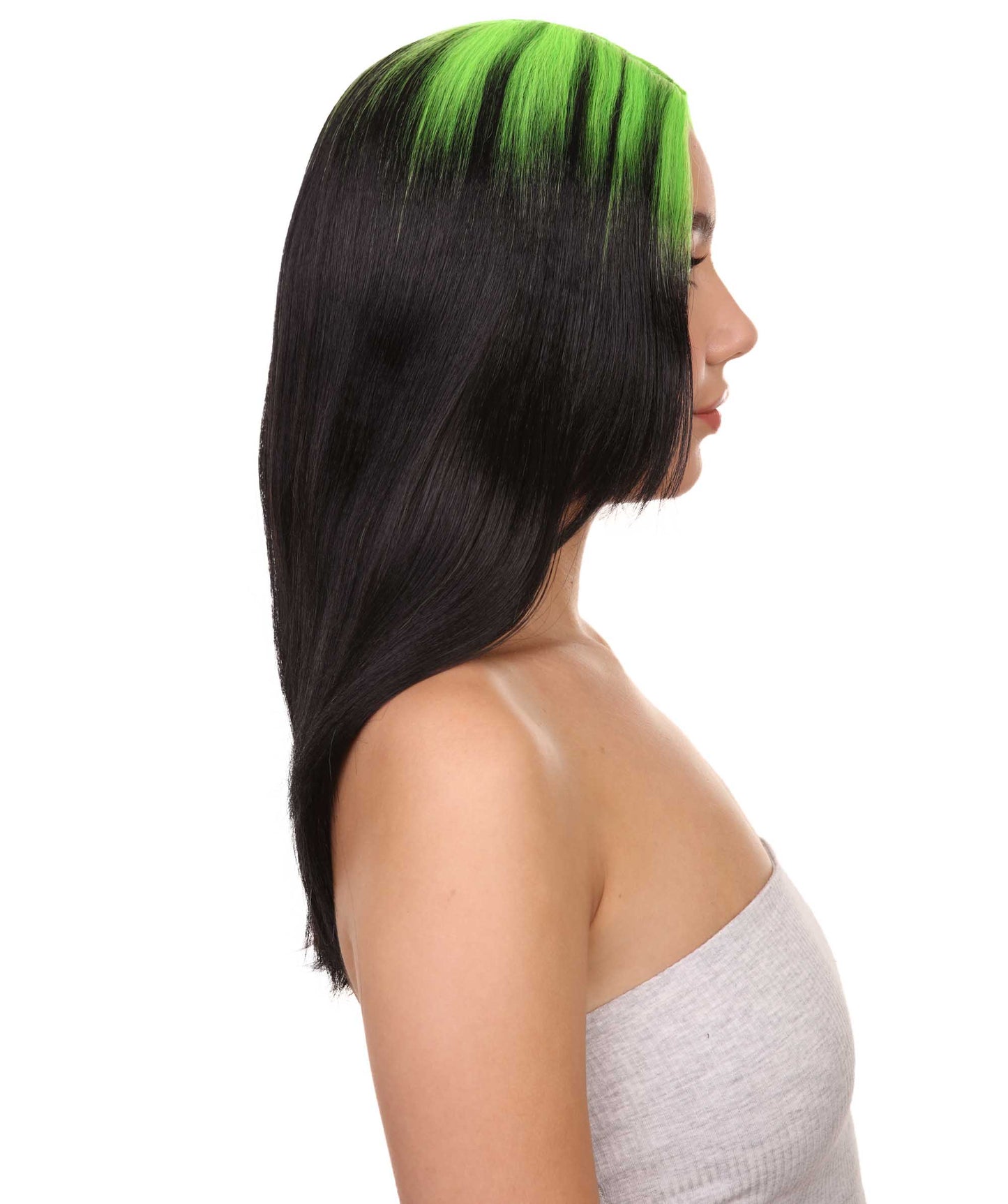 Billie Pop 80's Mullet | Black Wig with Neon Green Roots and Choppy Bangs | Premium Halloween Wig