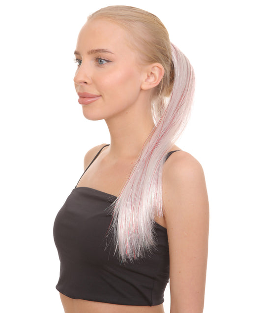 HPO Women's Long Length Mystery Thriller  Hair Clips - Straight Silver Hair - With Red Tinsel Strands
