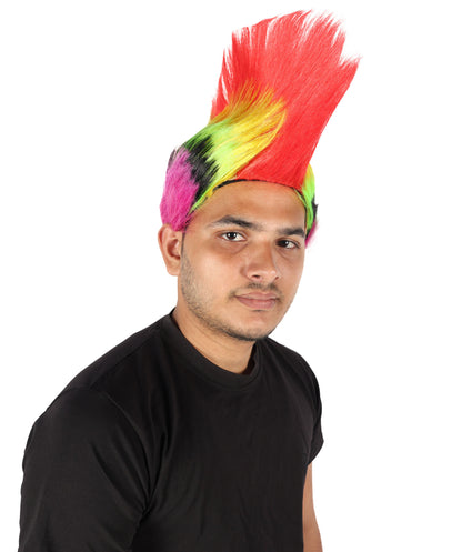 HPO Adult Men’s Mohican Multi-Color Punk Wig | Spiky Rocker Costume Hair for Parties, Festivals | Ideal for Halloween | Breathable Capless Cap