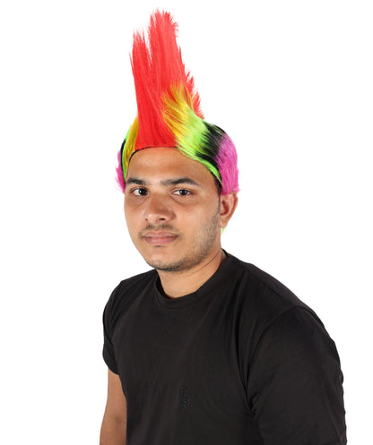 HPO Adult Men’s Mohican Multi-Color Punk Wig | Spiky Rocker Costume Hair for Parties, Festivals | Ideal for Halloween | Breathable Capless Cap