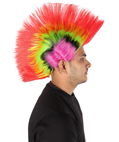 HPO Adult Men’s Mohican Multi-Color Punk Wig | Spiky Rocker Costume Hair for Parties, Festivals | Ideal for Halloween | Breathable Capless Cap