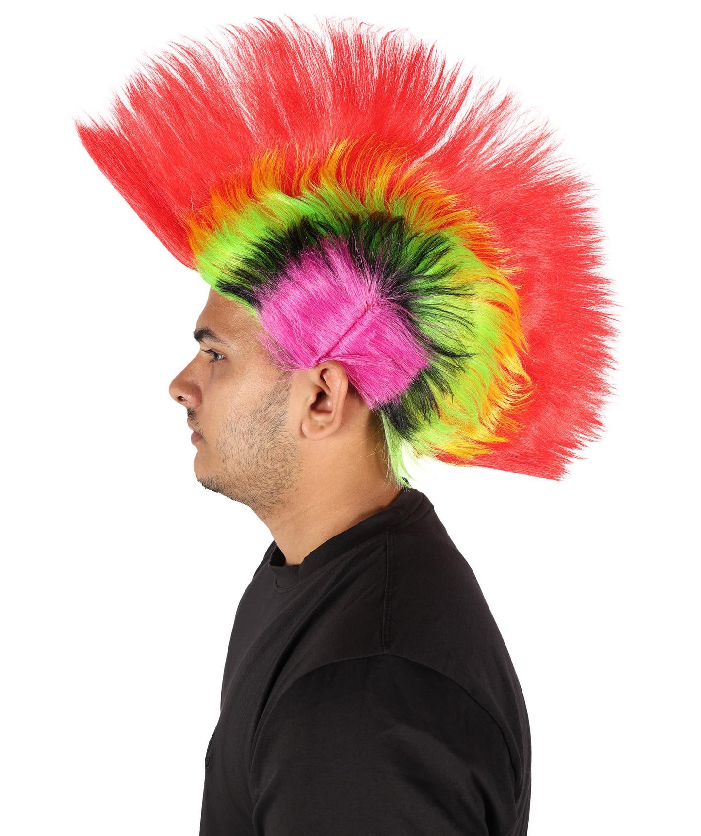 HPO Adult Men’s Mohican Multi-Color Punk Wig | Spiky Rocker Costume Hair for Parties, Festivals | Ideal for Halloween | Breathable Capless Cap