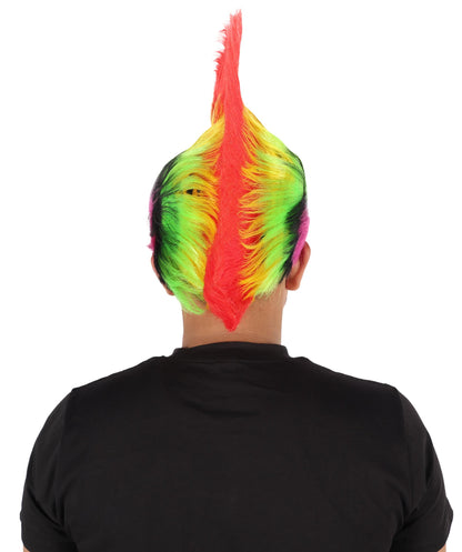 HPO Adult Men’s Mohican Multi-Color Punk Wig | Spiky Rocker Costume Hair for Parties, Festivals | Ideal for Halloween | Breathable Capless Cap