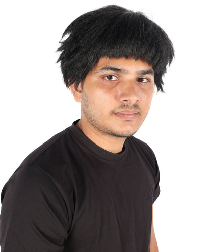 HPO Men's Short Black Wig Inspired by Animated Characters | Layered Synthetic Cosplay Hairpiece with Bangs | Halloween, Stage, Roleplay