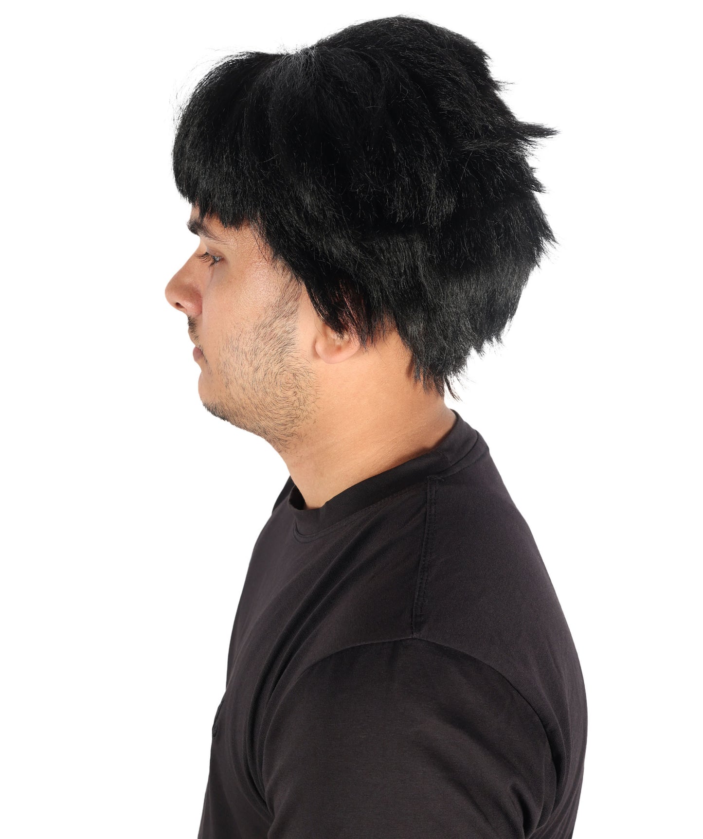 HPO Men's Short Black Wig Inspired by Animated Characters | Layered Synthetic Cosplay Hairpiece with Bangs | Halloween, Stage, Roleplay