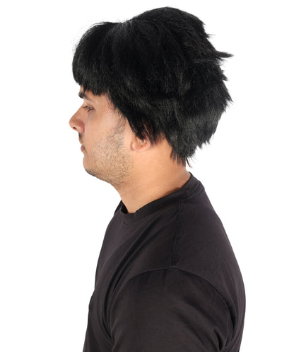 HPO Men's Short Black Wig Inspired by Animated Characters | Layered Synthetic Cosplay Hairpiece with Bangs | Halloween, Stage, Roleplay