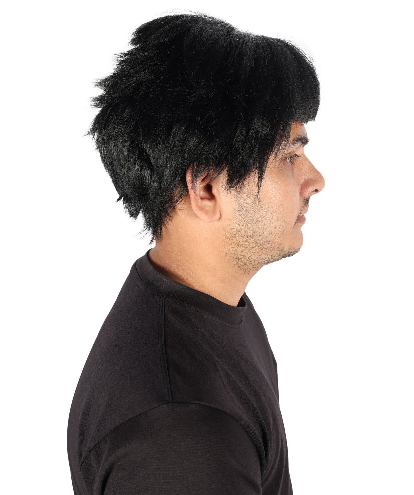 HPO Men's Short Black Wig Inspired by Animated Characters | Layered Synthetic Cosplay Hairpiece with Bangs | Halloween, Stage, Roleplay