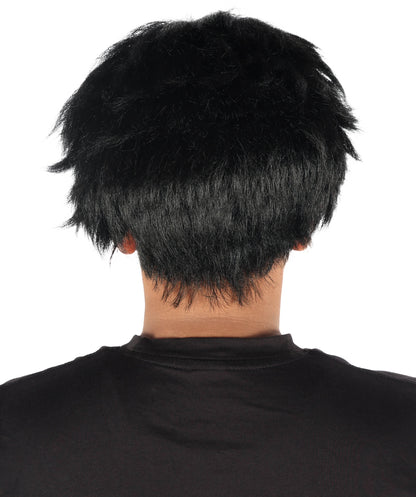 HPO Men's Short Black Wig Inspired by Animated Characters | Layered Synthetic Cosplay Hairpiece with Bangs | Halloween, Stage, Roleplay
