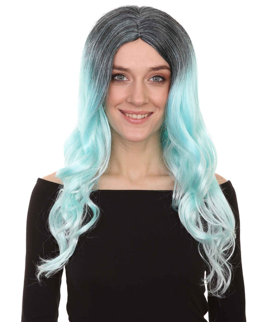 HPO Womens Fantasy Blue Wig | Long Wavy Black Sky Halloween Wig | Premium Breathable Capless Cap