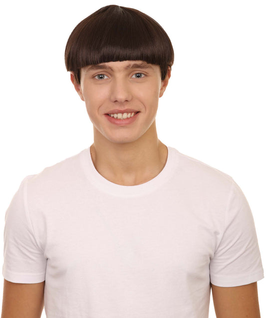 HPO Men's 9" Inch Short Length Halloween Classic Moe Retro Bowl Cut Costume Wig, Multiple Color Synthetic Soft Fiber Hair, Perfect for your next Festival