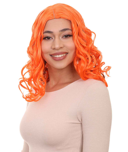 HPO Womens Orange Slim Wig | Long Curly Party Ready Fancy Halloween Wig | Premium Breathable Capless Cap
