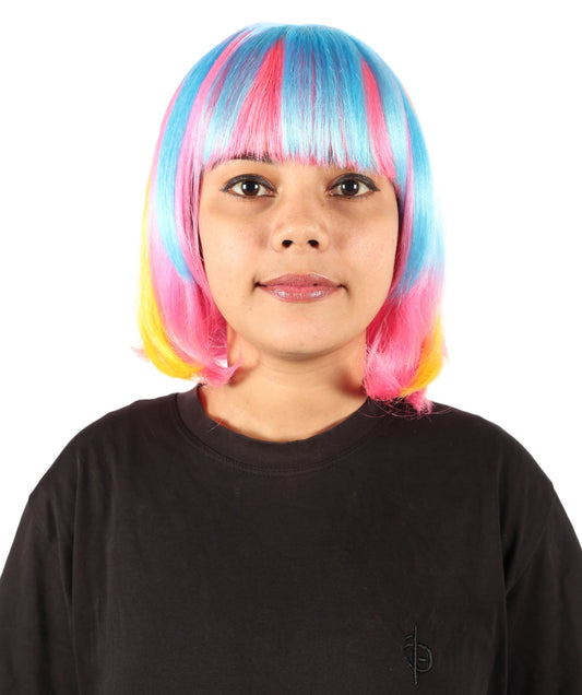 HPO Women's Short Multicolor Neon Bob Wig with Flat Blunt Bangs | Synthetic Straight Hair in Vibrant Festival Colors | Breathable Capless Cap For Party, or Rave Looks