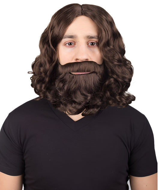 Men's Dark Brown Color Wavy Shoulder Length Lumber Jack Wig with Full Mustache and Beard