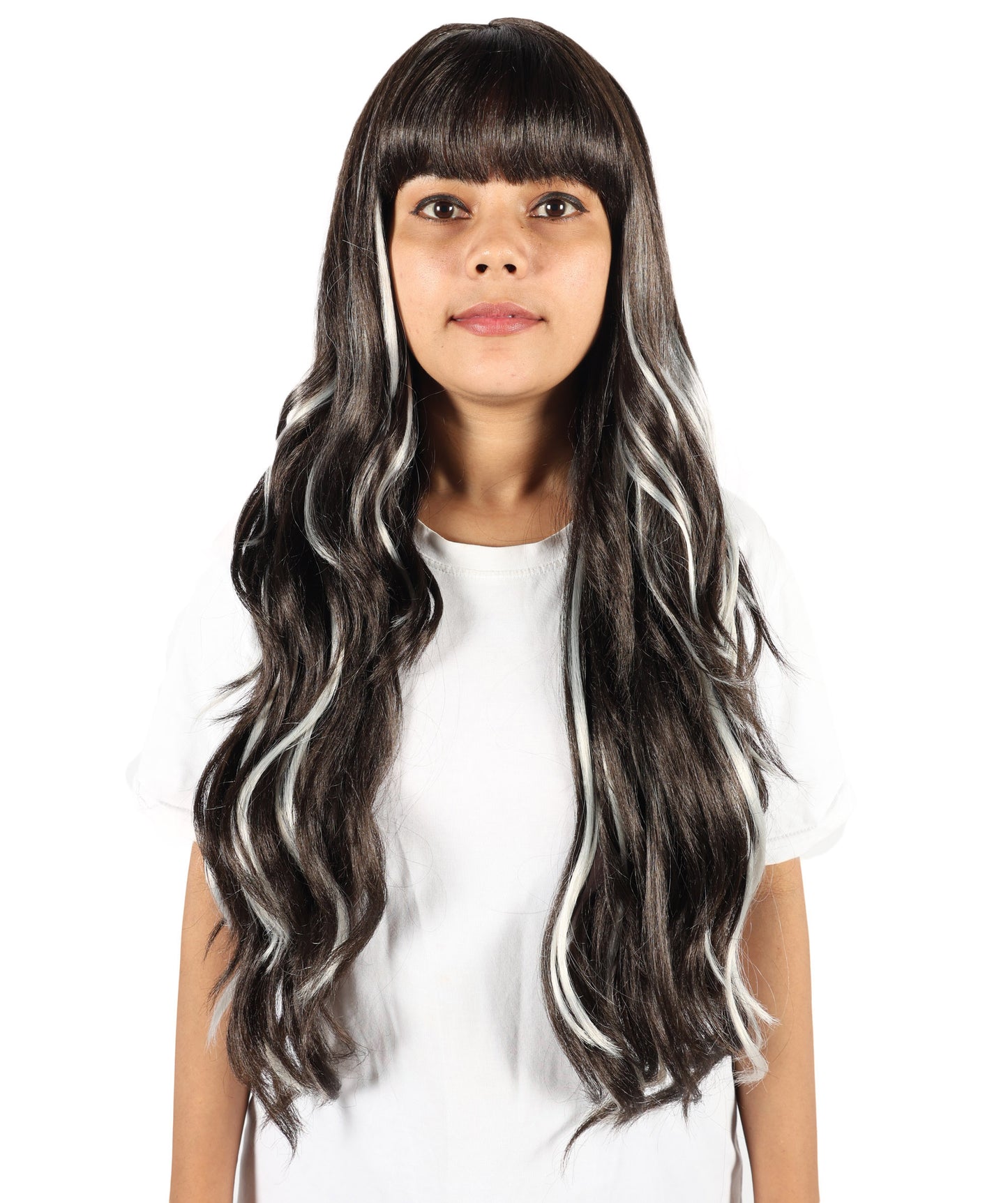 HPO Women’s Brown Mixed Blonde Highlight Extra-Long Wavy Wig with Bangs | Natural Wavy Synthetic Resistant Fiber Wigs | Capless Cap Design