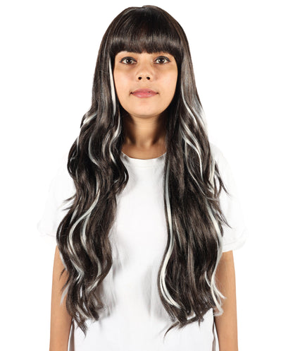HPO Women’s Brown Mixed Blonde Highlight Extra-Long Wavy Wig with Bangs | Natural Wavy Synthetic Resistant Fiber Wigs | Capless Cap Design