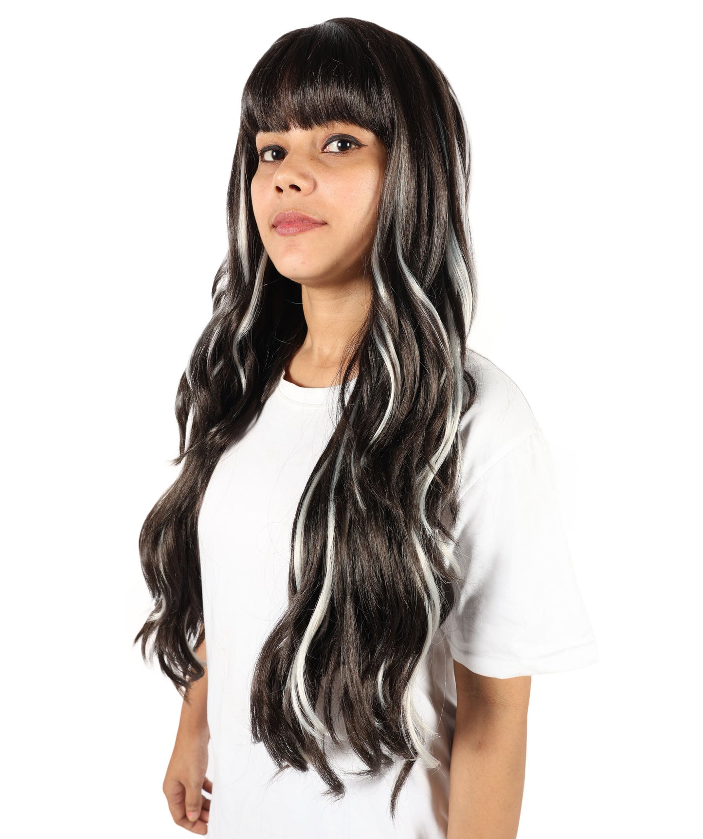 HPO Women’s Brown Mixed Blonde Highlight Extra-Long Wavy Wig with Bangs | Natural Wavy Synthetic Resistant Fiber Wigs | Capless Cap Design