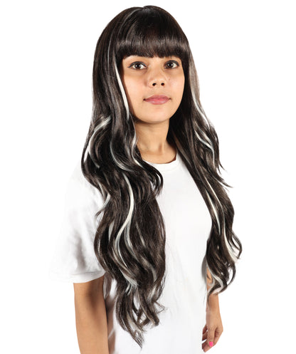 HPO Women’s Brown Mixed Blonde Highlight Extra-Long Wavy Wig with Bangs | Natural Wavy Synthetic Resistant Fiber Wigs | Capless Cap Design