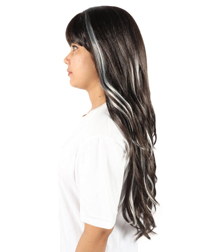 HPO Women’s Brown Mixed Blonde Highlight Extra-Long Wavy Wig with Bangs | Natural Wavy Synthetic Resistant Fiber Wigs | Capless Cap Design