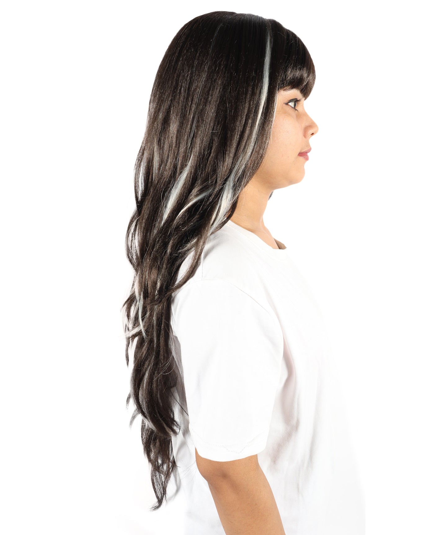 HPO Women’s Brown Mixed Blonde Highlight Extra-Long Wavy Wig with Bangs | Natural Wavy Synthetic Resistant Fiber Wigs | Capless Cap Design