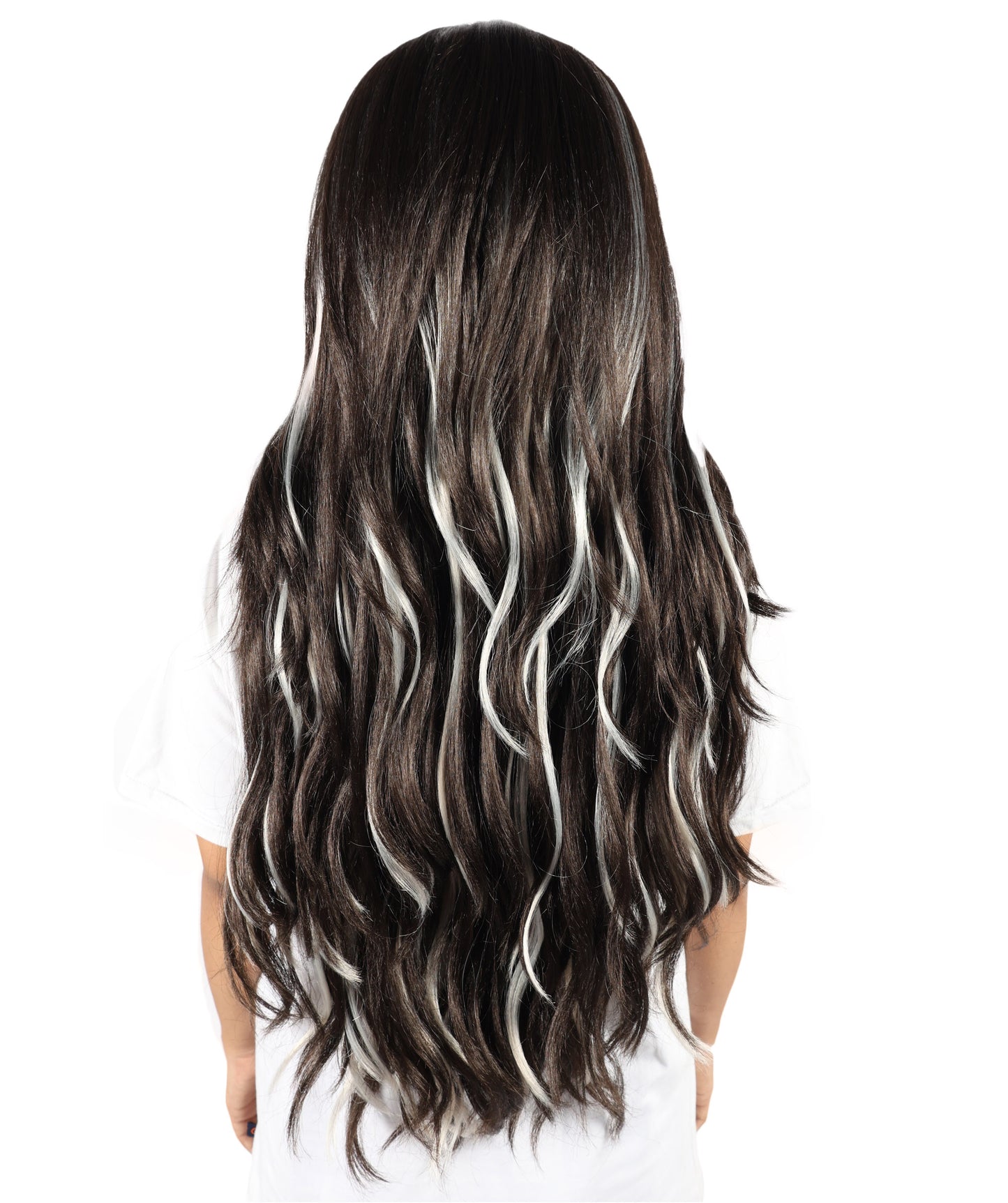 HPO Women’s Brown Mixed Blonde Highlight Extra-Long Wavy Wig with Bangs | Natural Wavy Synthetic Resistant Fiber Wigs | Capless Cap Design