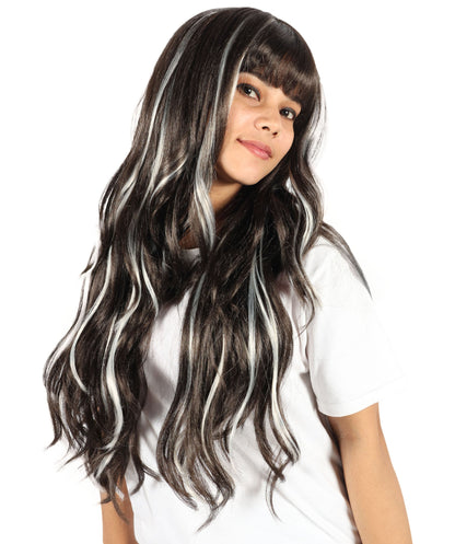 HPO Women’s Brown Mixed Blonde Highlight Extra-Long Wavy Wig with Bangs | Natural Wavy Synthetic Resistant Fiber Wigs | Capless Cap Design