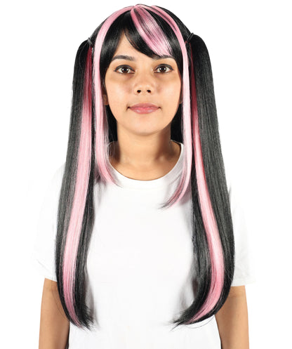 HPO Women’s Lolita Gradient Wig Long Black and Pink Twin Tail Style with Bangs | Ideal for Halloween | Breathable Capless Cap