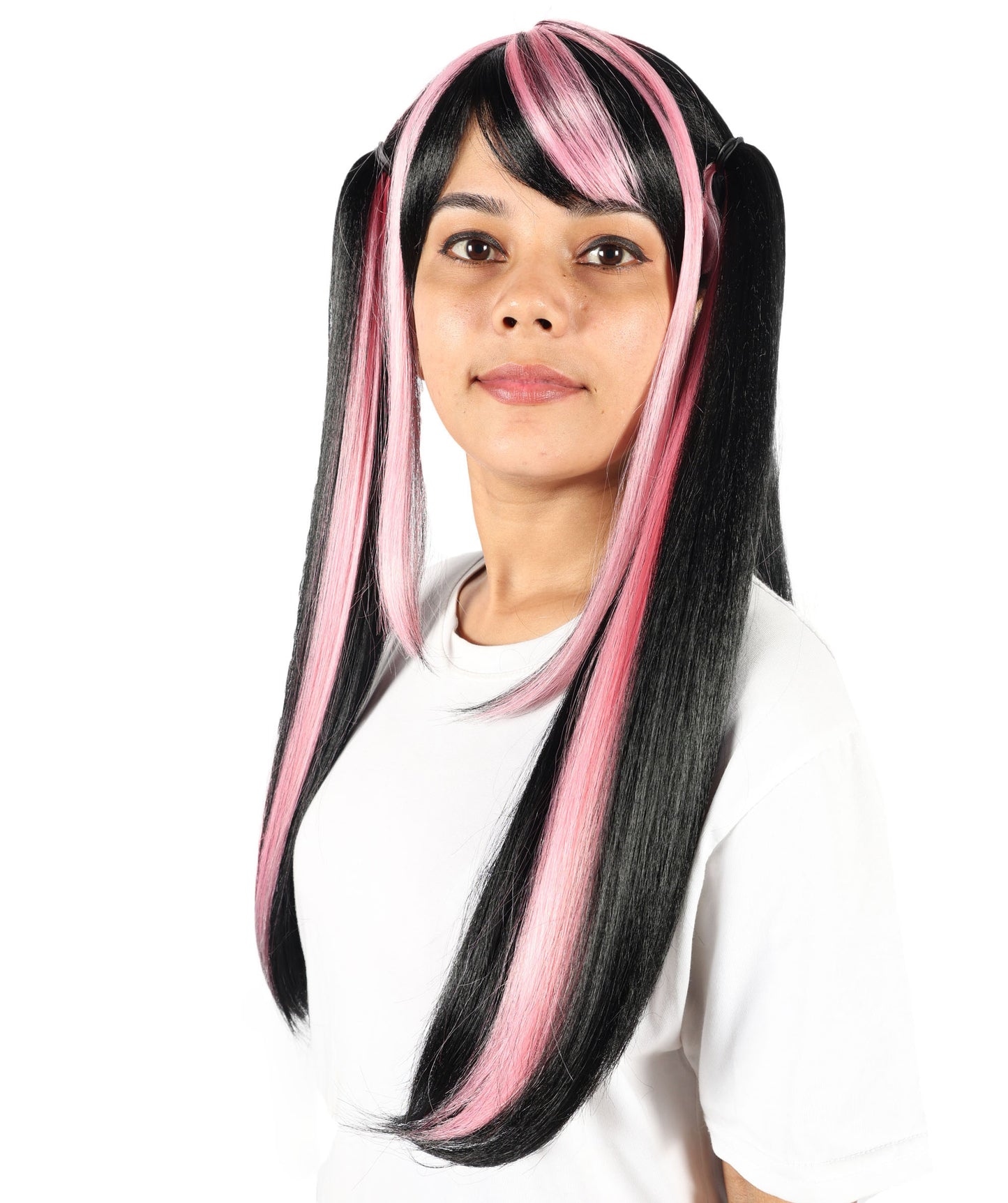 HPO Women’s Lolita Gradient Wig Long Black and Pink Twin Tail Style with Bangs | Ideal for Halloween | Breathable Capless Cap