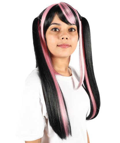 HPO Women’s Lolita Gradient Wig Long Black and Pink Twin Tail Style with Bangs | Ideal for Halloween | Breathable Capless Cap