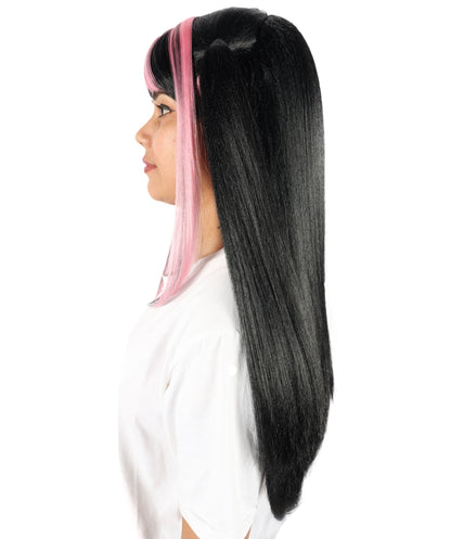 HPO Women’s Lolita Gradient Wig Long Black and Pink Twin Tail Style with Bangs | Ideal for Halloween | Breathable Capless Cap