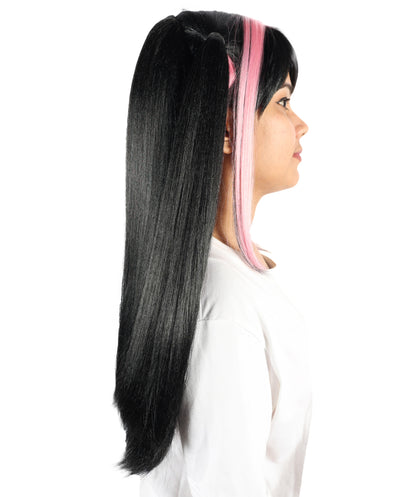 HPO Women’s Lolita Gradient Wig Long Black and Pink Twin Tail Style with Bangs | Ideal for Halloween | Breathable Capless Cap