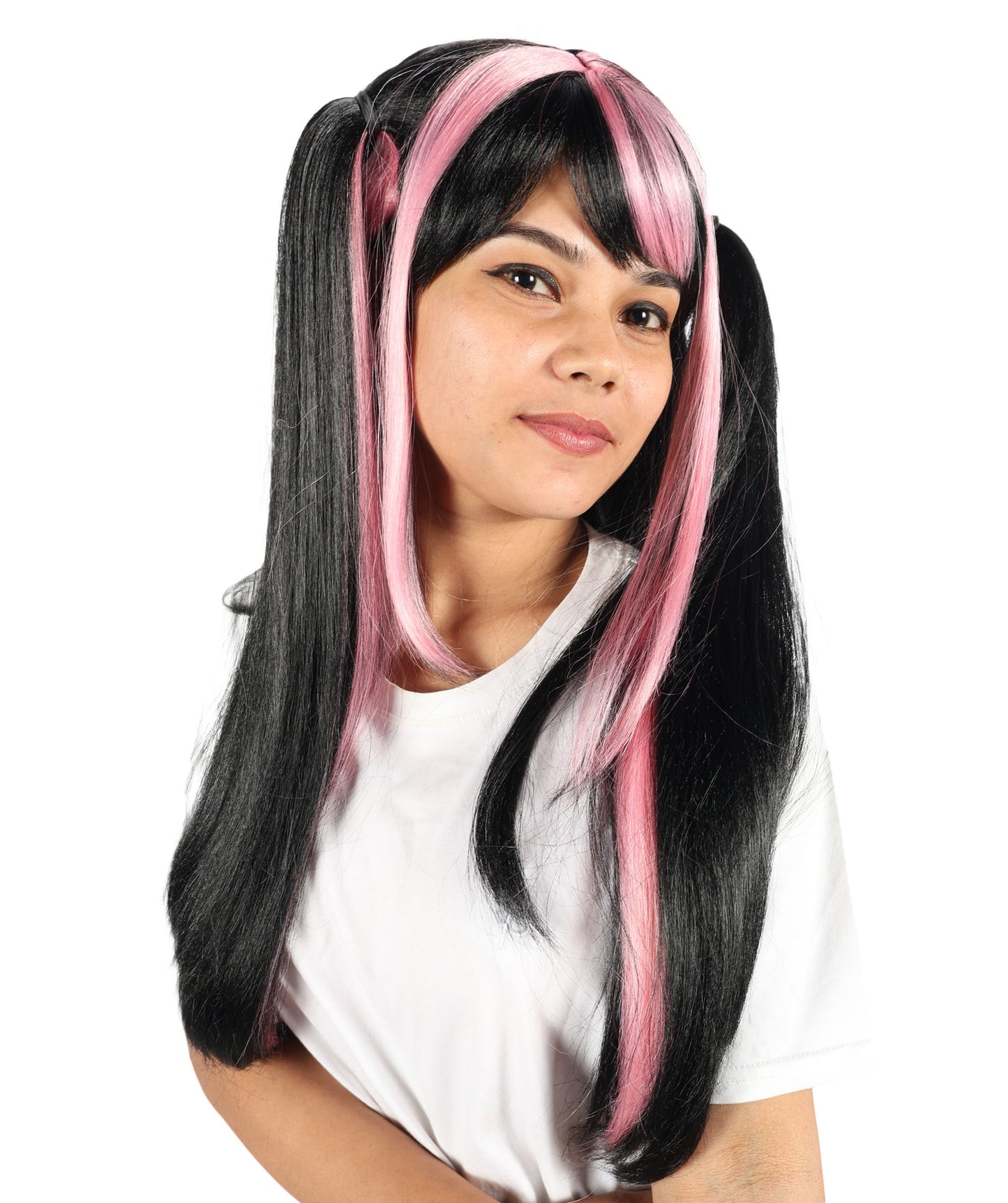 HPO Women’s Lolita Gradient Wig Long Black and Pink Twin Tail Style with Bangs | Ideal for Halloween | Breathable Capless Cap