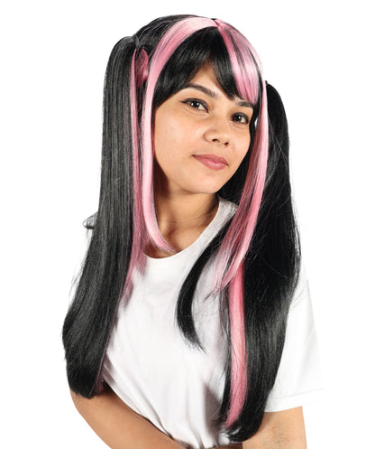 HPO Women’s Lolita Gradient Wig Long Black and Pink Twin Tail Style with Bangs | Ideal for Halloween | Breathable Capless Cap