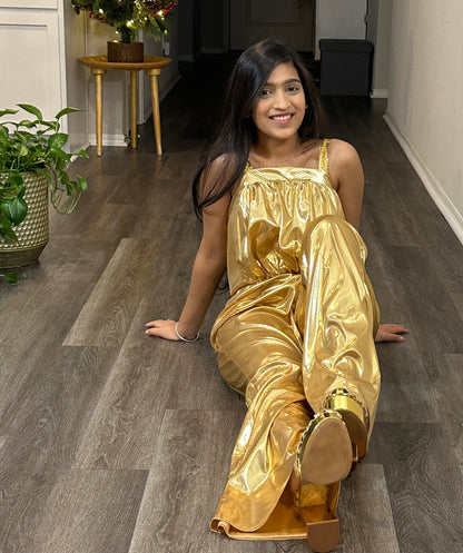 Women's 70's Disco Jumpsuit Costume | Gold Fancy Costume